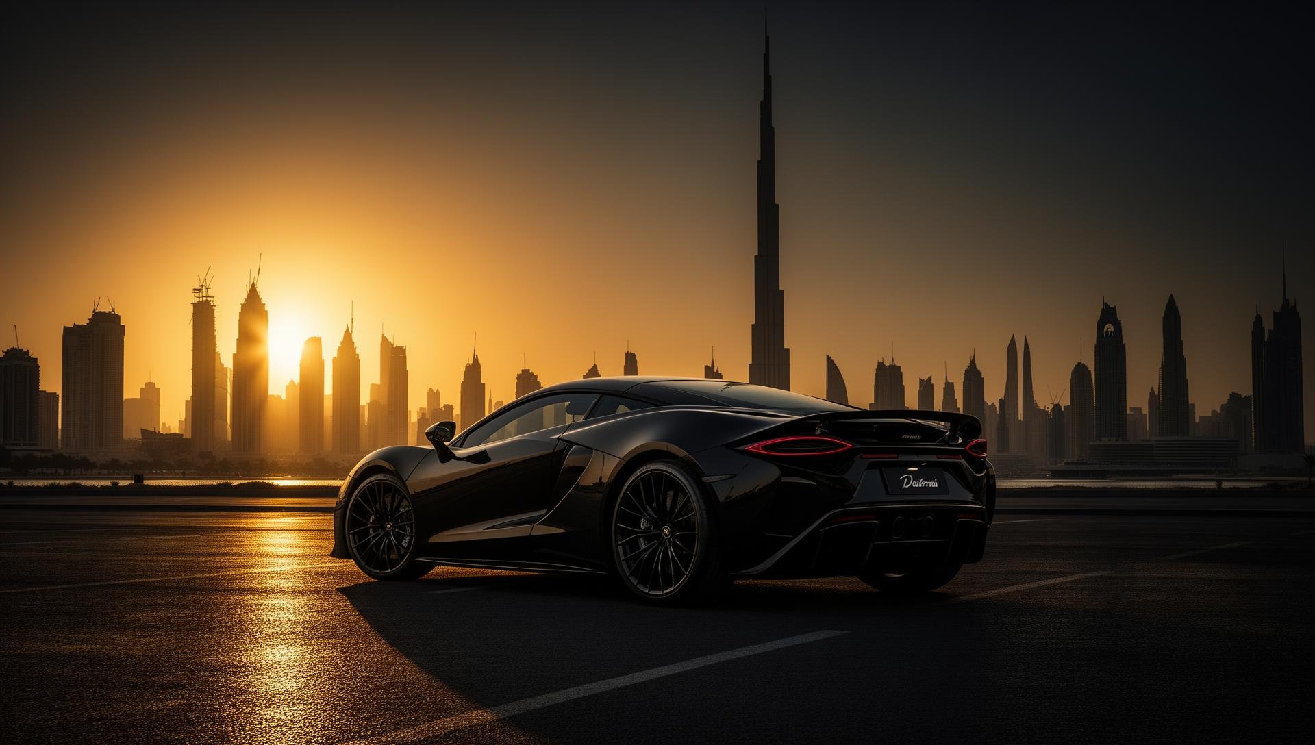 Skyline de Dubai al atardecer, ciudad de origen de los vehículos de lujo que importamos a España
